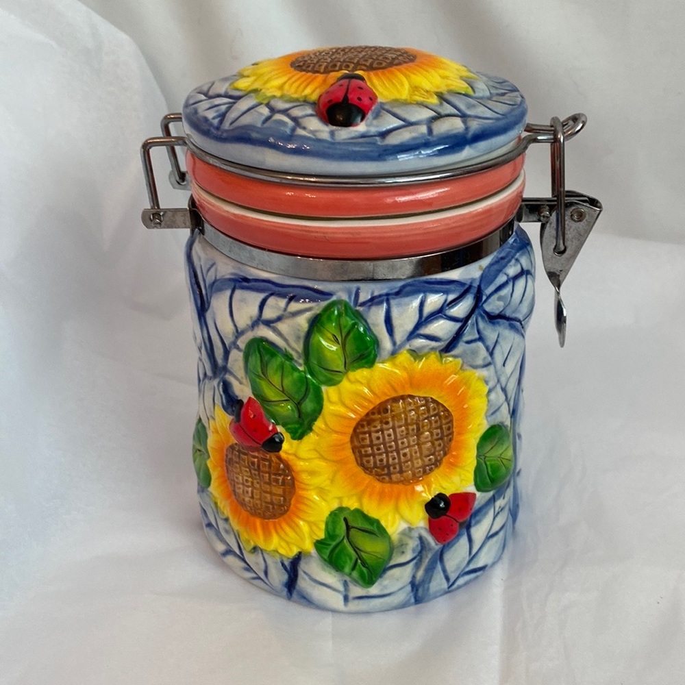 Vintage Ceramic & Embossed Sunflower & Ladybug Canister by WCL